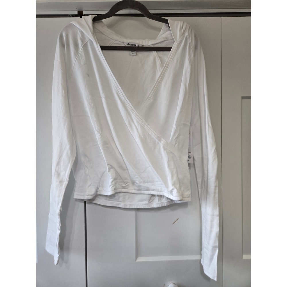 Athleta Airy Cotton Terry Wrap Hoodie White Long Sleeve Surplice Top M 865651
